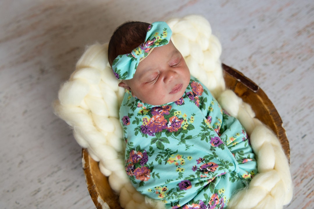 Aqua Floral Swaddle Blanket / Knot Headband / Swaddle Set / Lightweight Baby Blanket / Swaddling