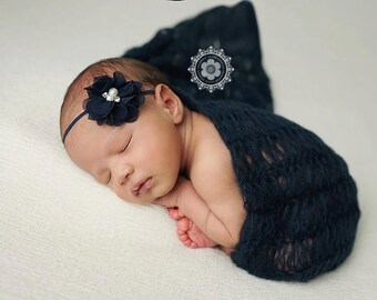 Navy Headband, Flower Headband, Baby Headband, Petite Headband, Baby Girl Headband, Newborn Headband, Christening Headband