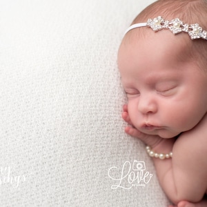 Newborn Silver Finish and Rhinestone and Pearl Augusta Tie Back Baby Headband Photo Prop Newborn Headband Baptism Christening Headband