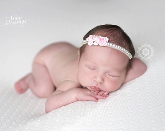 emerson Newborn Pink Floral Rhinestone Baby Headband or Baby Tie Back Baby Crown Photo Prop Baptism Christening Headband Newborn Prop