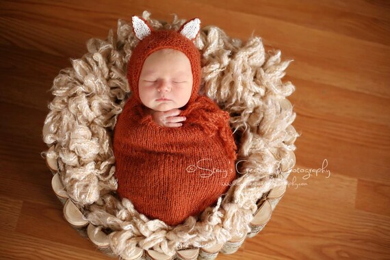 Fox Mohair Snuggle Sack and Bonnet / Mohair Wrap / Newborn Photo Prop / Mohair Newborn Prop / Mohair Cocoon / Newborn Sack / Fox Prop