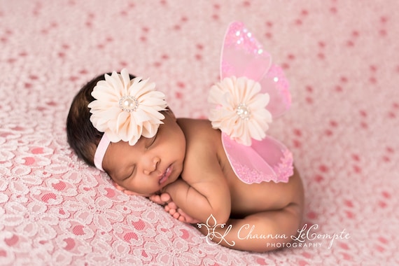 READY TO SHIP, Pink and Ivory Butterfly Wing Set, Newborn Wings, Newborn Wing Prop, Baby Wing Prop, Newborn Photo Prop, Newborn Butterfly
