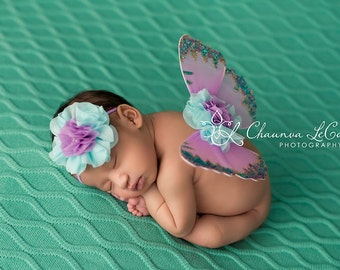 Lavender and Aqua Butterfly Wing Set / Newborn Wings / Newborn Wing Prop / Baby Girl Headband / Newborn Photo Prop / Newborn Butterfly Wings