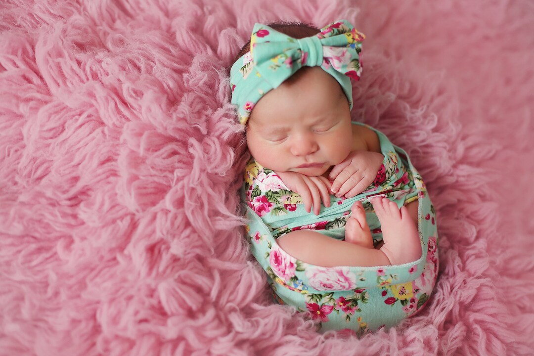 Aqua and Pink Floral Swaddle Blanket / Bow Headband / Headband Swaddle Set / Lightweight Baby