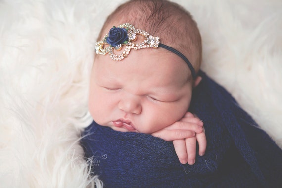 Gold Rhinestone and Navy Floral Headband, Gold Rhinestone Headband, Navy Headband, Baby Girl Headband, Rhinestone Headband, Photo Prop
