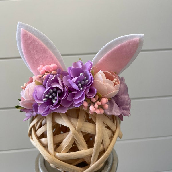 Floral Bunny Headband / Newborn Photo Prop / Newborn Prop / Easter Prop / Bunny Ear Headband / New Baby Gift / Baby Girl Headband