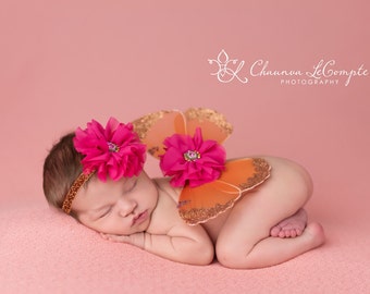 Pink and Orange Butterfly Wing Set  / Newborn Wings / Newborn Wing Prop / Baby Girl Headband / Newborn Photo Prop / Newborn Butterfly Wings