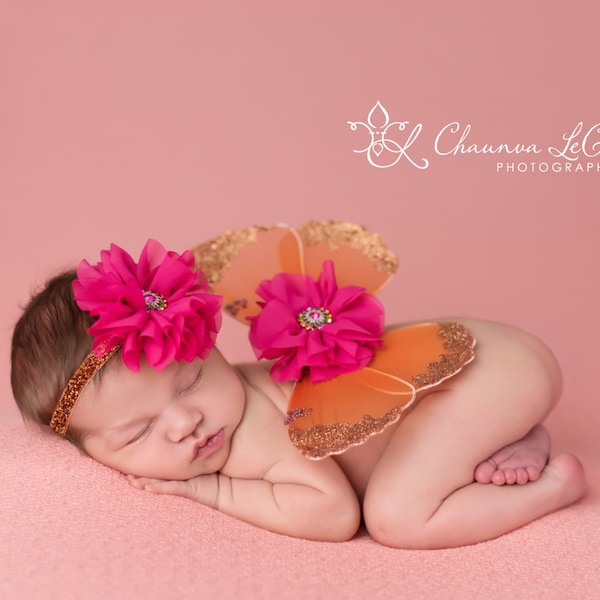 Pink and Orange Butterfly Wing Set  / Newborn Wings / Newborn Wing Prop / Baby Girl Headband / Newborn Photo Prop / Newborn Butterfly Wings