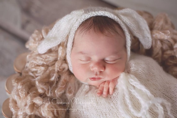 Bunny Mohair Snuggle Sack and Bonnet / Mohair Wrap / Newborn Photo Prop / Knit Newborn Prop / Mohair Cocoon / Newborn Sack / RTS