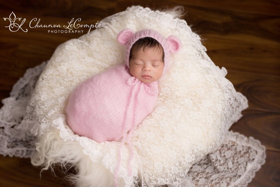 Pink Mohair Snuggle Sack and Bonnet / Mohair Wrap / Newborn Photo Prop / Knit Newborn Prop / Mohair Cocoon / Newborn Sack / RTS