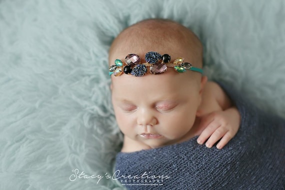 Peacock Glam Rhinestone Pearl Headband Newborn Headband Baby Headband Halo Baby Crown Photo Prop