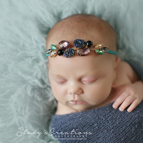 Peacock Glam Rhinestone Pearl Headband Newborn Headband Baby Headband Halo Baby Crown Photo Prop