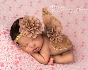 Conjunto de alas de mariposa marrón y bronceado / Alas de recién nacido / Prop de ala de recién nacido / Diadema de niña bebé / Prop de foto de recién nacido / Alas de mariposa de recién nacido