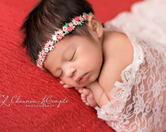 Petite Elegance Collection Petite Floral Headband or Tie Back in Coral Beautiful Newborn Photo Prop Baby Headband