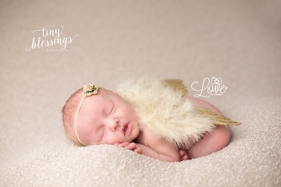Couture Fairy Baby Gold Glitter Angel Baby Wing and Floral Rhinestone Headband Set Beautiful Newborn Photo Prop Infant Newborn Wing Set