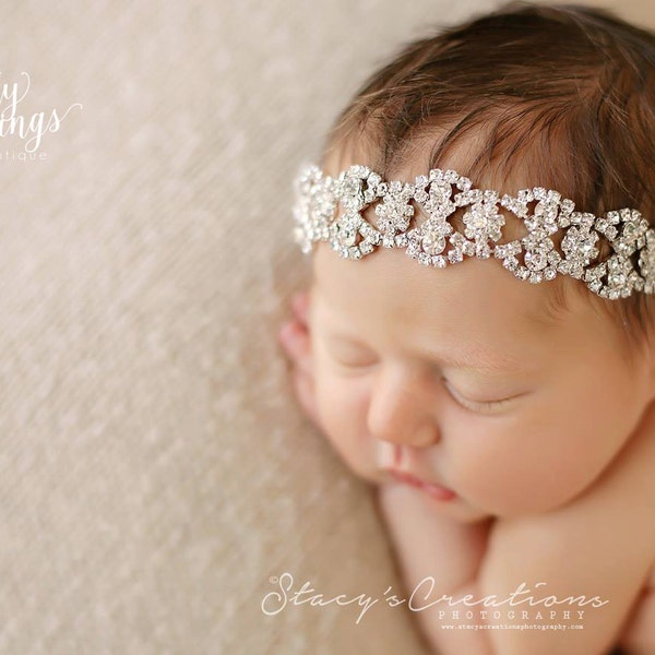 Gwendolyn Stunning Fit for a Queen Newborn Silver Rhinestone Tie Back Baby Headband Halo Baby Crown Photo Prop