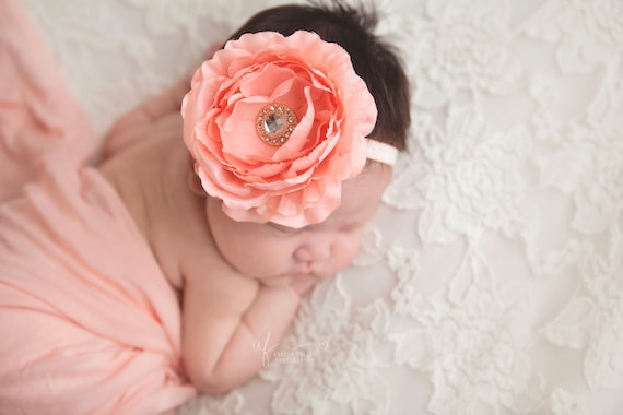 Coral Flower, Coral Flower Headband, Peach Headband, Baby Girl Headband, Baby Headband, Flower Headband, Delaney