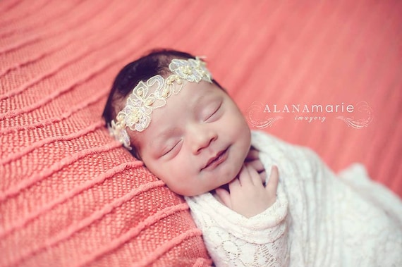 Natalia, Ivory Lace Pearl Headband, Newborn Headband, Newborn Photo Prop, Baptism Headband, Christening Headband, Baby Headband