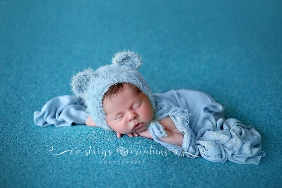Furry Bear Bonnet / Baby Blue Bonnet / Baby Blue Mohair Bear Bonnet / Newborn Photo Prop / Bear Bonnet / Blue Knit Wrap