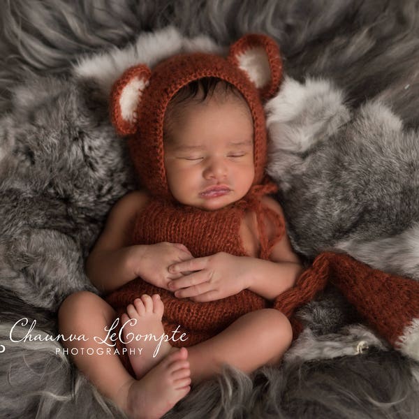 Fox Mohair Romper and Bonnet / Mohair Wrap / Newborn Photo Prop / Mohair Newborn Prop / Newborn Romper / Fox Prop / Knit Romper / RTS