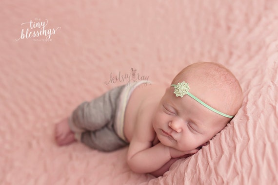Rhinestone Flower Headband / Mint Green Headband / Newborn Headband / Baby Headband / Petite Headband / Baby Girl Headband
