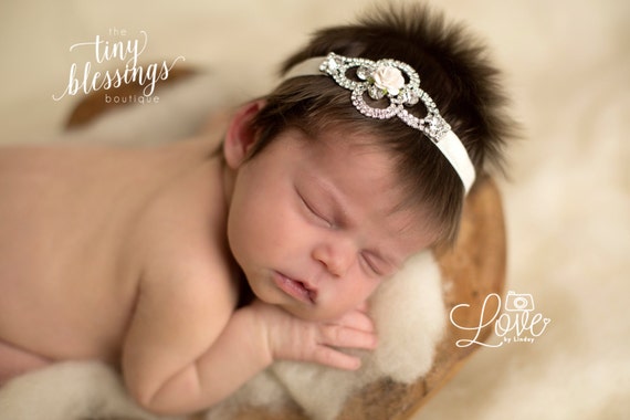 Stunning Fit for a Queen Newborn Silver Finish and Rhinestone Floral Helena in Ivory Baby Headband Halo Baby Crown Photo Prop
