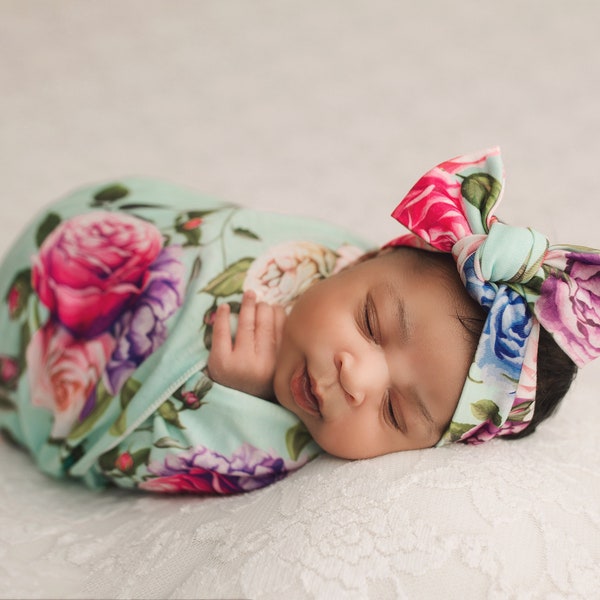 Floral Swaddle Blanket / Bow Headband / Headband Swaddle Set / Lightweight Blanket /Swaddling Blanket / Soft Baby Blanket / Hospital Blanket