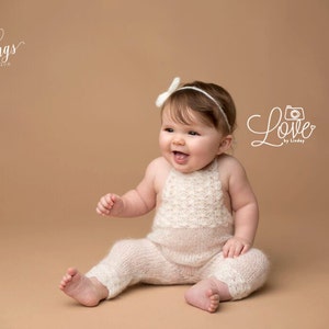 Ivory Sitter Set / Knit Toddler Romper / Mohair Romper / Ivory Bow Tie Back / Ivory Romper / Toddler Photo Prop / Knit Photo Prop / RTS image 1