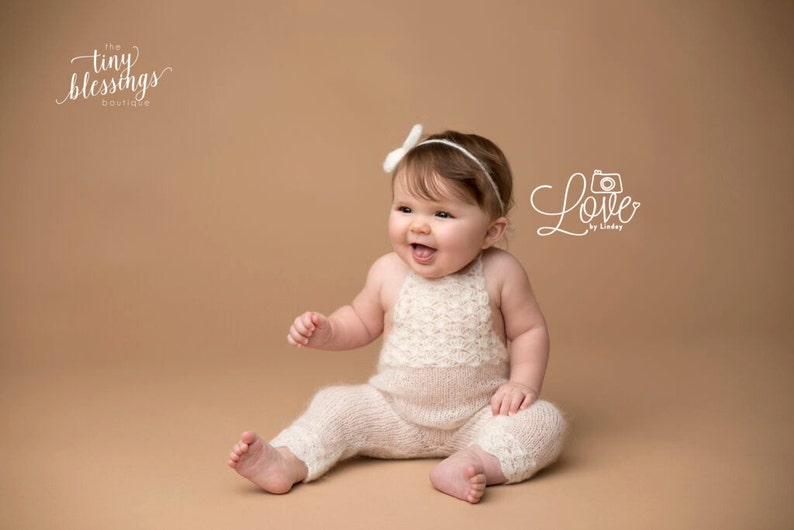 Ivory Sitter Set / Knit Toddler Romper / Mohair Romper / Ivory Bow Tie Back / Ivory Romper / Toddler Photo Prop / Knit Photo Prop / RTS image 1