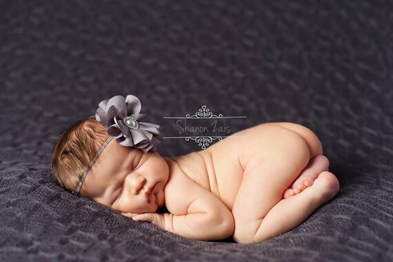 Sienna Chiffon Flower with Pearl Rhinestone Center in Grey Headband Beautiful Newborn Photo Prop Baby Headband
