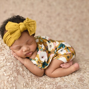 Off the Shoulder Newborn Romper / Mustard Yellow Floral Romper / Newborn Knit Romper / Newborn Romper / Newborn Knit Outfit / Baby Girl Prop