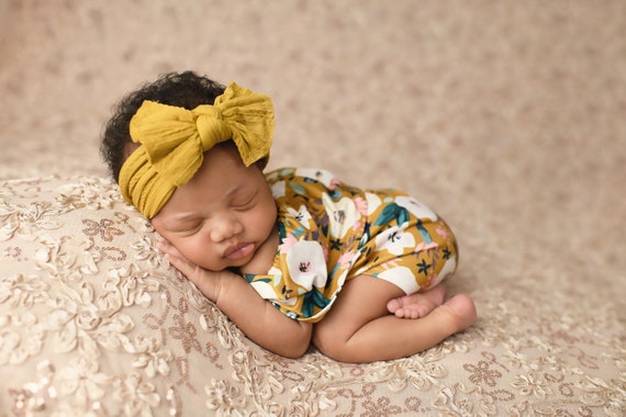 Off the Shoulder Newborn Romper / Mustard Yellow Floral Romper / Newborn Knit Romper / Newborn Romper / Newborn Knit Outfit / Baby Girl Prop