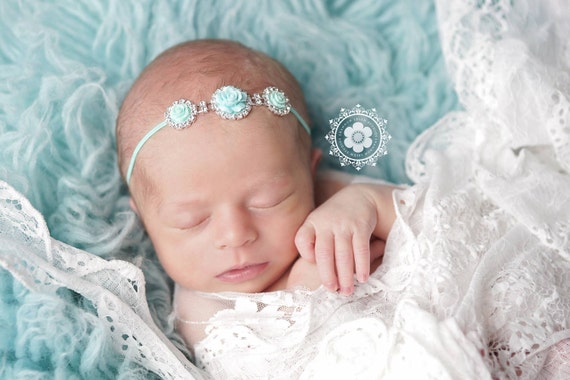 Aqua Flower and Rhinestone Headband, Rhinestone Headband, Baby Headband, Newborn Photo Prop, Baptism Headband, Christening Headband