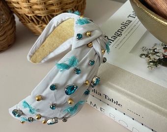 Blue Rhinestone & Bow Top Knot Headband for Women / Statement Headband / Coquette Headband / Gift for Friend / baby shower Headband