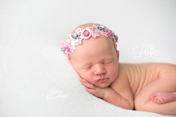 Pink and Silver Iridescent Lace Pearl Sequin Headband Halo Tiara Beautiful Newborn Photo Prop Baby Headband Newborn Headband