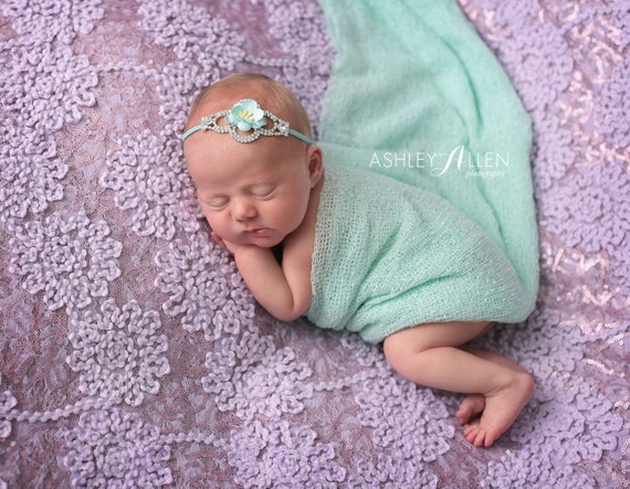 Aqua Flower and Rhinestone Headband and Stretch Wrap, Beautiful Newborn Photo Prop, Baby Tie Back, Newborn Photo Prop