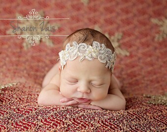 Gold Lace Pearl Headband / Gold Lace Headband / Newborn Headband / Newborn Photo Prop / Baptism Headband / Baby Headband / Baby Girl