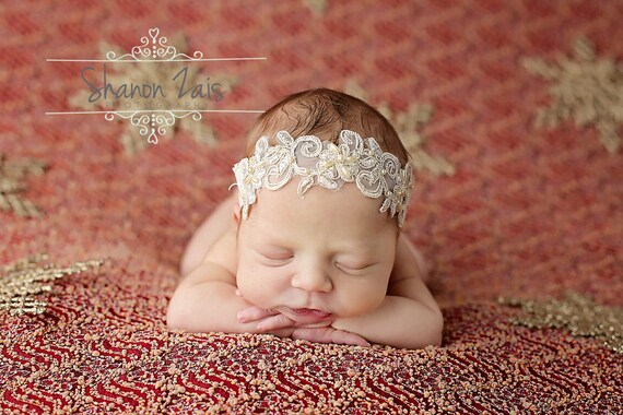 Gold Lace Pearl Headband / Gold Lace Headband / Newborn  display picture 3