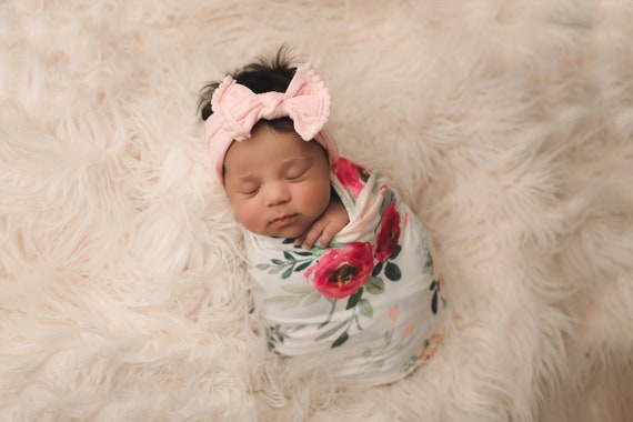 Pink Floral Swaddle Blanket / Bow Headband / Headband Swaddle Set / Lightweight Baby Blanket /Swaddling Blanket / Soft Baby Blanket