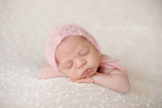 Baby Pink Mohair Hat / Mohair Bonnet / Pink Hat / Newborn Bonnet / Newborn Photo Prop / Knit Newborn / RTS
