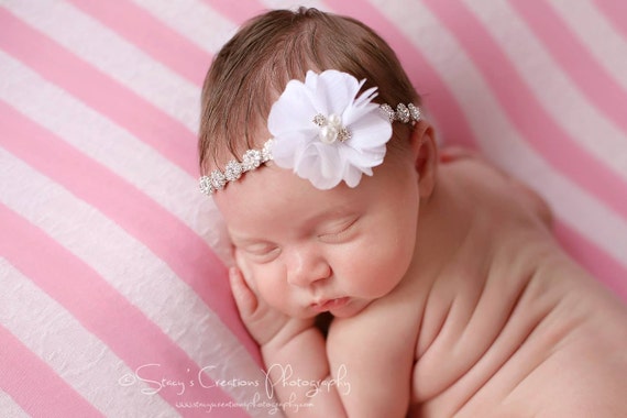 Rhinestone Headband, Flower Headband, Baby Girl Headband, Christening Headband, Baptism Headband, Simple Headband, White Headband, Vintage