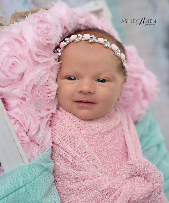 Pink Flower Rhinestone Halo, Newborn Rhinestone Headband, Newborn Headband, Simple Headband Baby Headband, Photo Prop, Newborn Prop