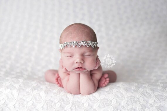 Hannah Rhinestone Newborn Headband, Newborn Tie Back, Baby Headband, Rhinestone Halo, Baptism Headband, Newborn Photo Prop