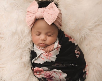 Black & Blush Floral Swaddle Blanket / Bow Headband / Headband Swaddle Set / Lightweight Baby Blanket /Swaddling Blanket / Soft Baby Blanket