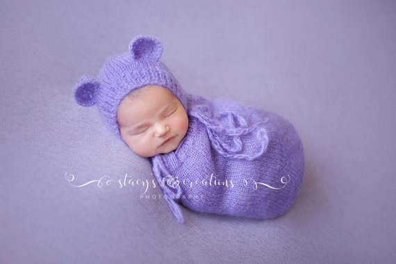 Orchid Mohair Snuggle Sack and Bonnet / Mohair Wrap / Newborn Photo Prop / Knit Newborn Prop / Mohair Cocoon / Newborn Sack / RTS