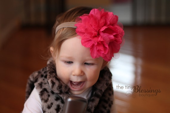 Pink Flower Headband, Gray and Pink Headband, Baby Girl Headband, Large Flower Headband, Baby Headband