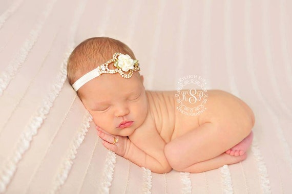 Rhinestone and Flower Headband, Newborn Headband, Ivory Headband, Baby Girl Headband, Baptism Headband, Christening Headband