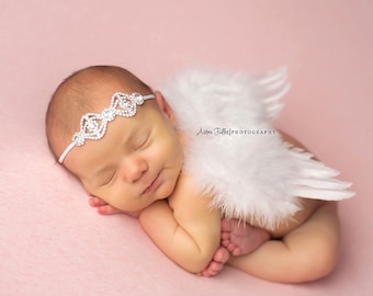Conjunto de alas de bebé blanco / Conjunto de alas de ángel bebé / Diadema de pedrería / Alas de ángel / Accesorio fotográfico para recién nacidos / Ala de recién nacido / Traje de ángel para recién nacidos