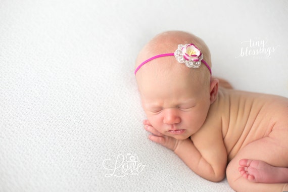 Lynn Newborn Raspberry Hot Pink Flower and Rhinestone Headband or Tie Back Baby Halo Baby Crown Newborn Photo Prop Simple Headband