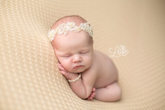 Natalia, Ivory Lace Pearl Headband, Newborn Headband, Newborn Photo Prop, Baptism Headband, Christening Headband, Baby Headband